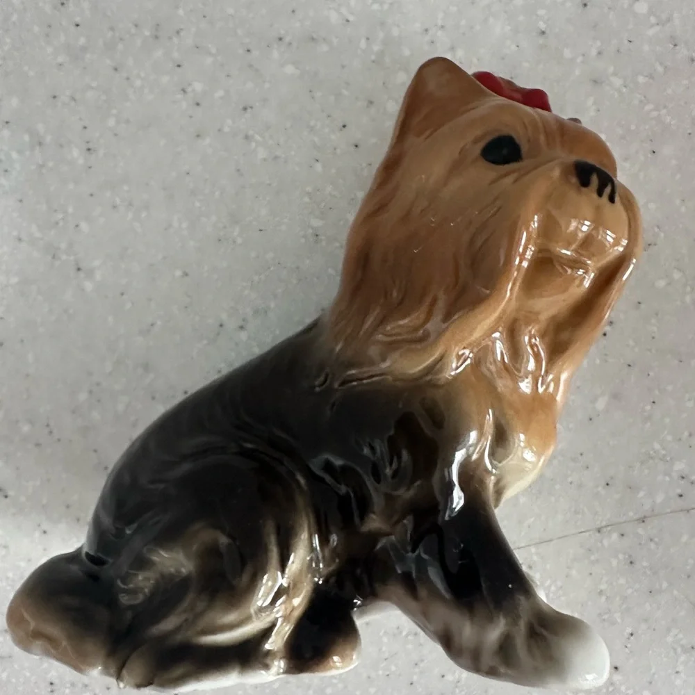Vintage Bone China Yorkshire Terrier Dog Figurine with Red Bow! Collectible